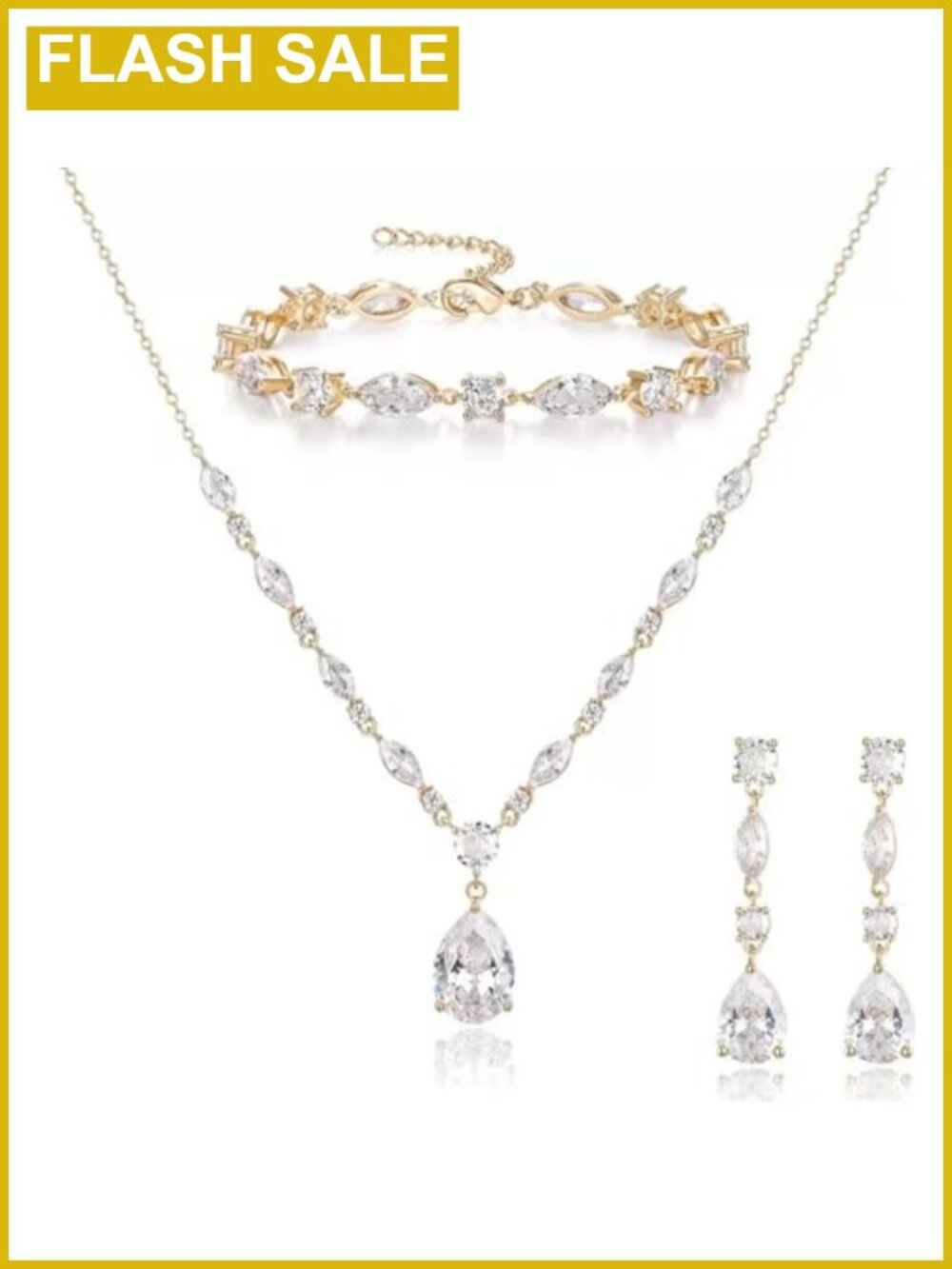 Gold Plated Brass Teardrop CZ Bridal Necklace Earrings Bracelet Set